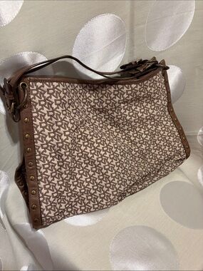 Vintage DKNY Monogram Signature Canvas Studded Hobo Shoulder Tote Bag - Y2K